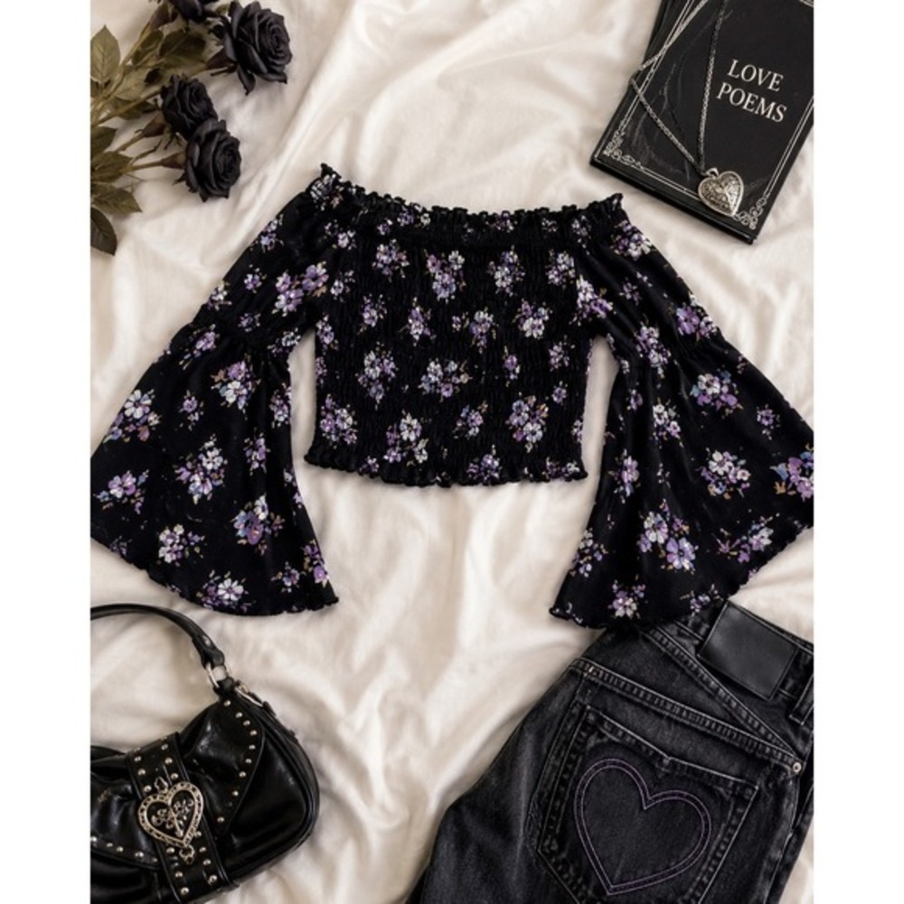 Whimsigoth dark floral women's small Smocked Crop Top Bell Sleeve Boho Goth